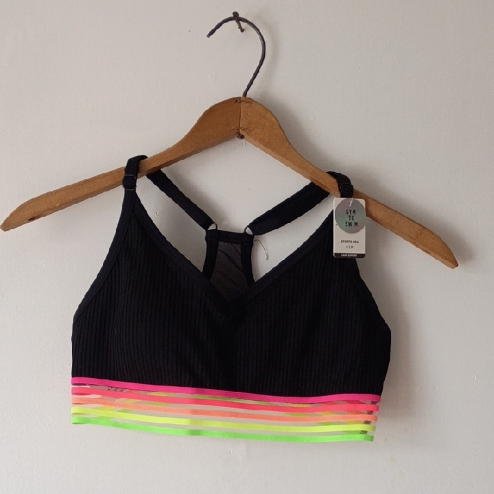 Victoria's Secret PINK black sports bra featuring a rainbow striped mesh small